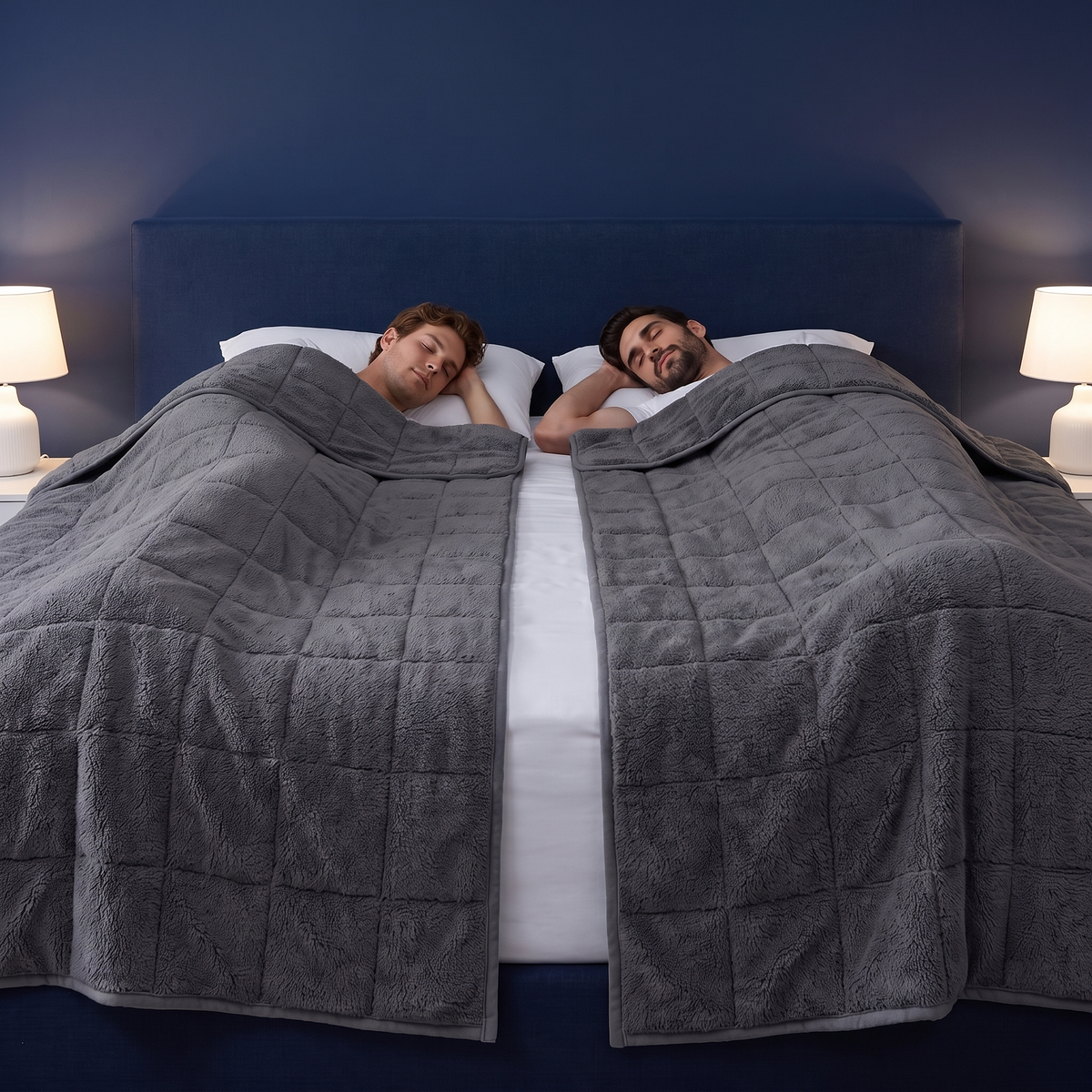 Couple endormi, chacun sous sa couverture lestée