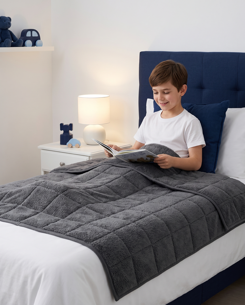 Enfant qui lit au lit sous sa couverture lestée enfant Lune Lestée