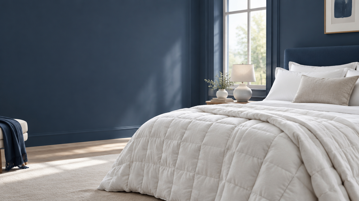 Chambre apaisante avec couette lestée blanche et mur bleu nuit